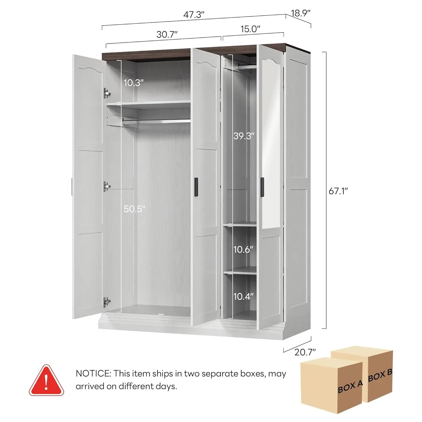 Large 3 Door Armoire Wardrobe Closet with Mirror White Bedroom Furniture Storage Solution for Organizing Clothes