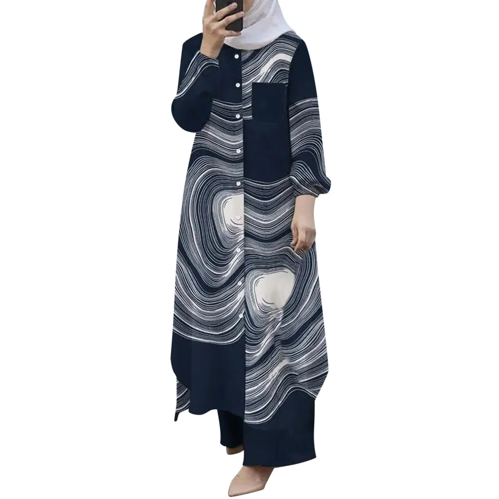 Muslim Sets Turkey Dubai Abaya Women Long Sleeve Buttons Up Shirt Set Causal Pants Suits Abayas For Women IsIamic Outifits
