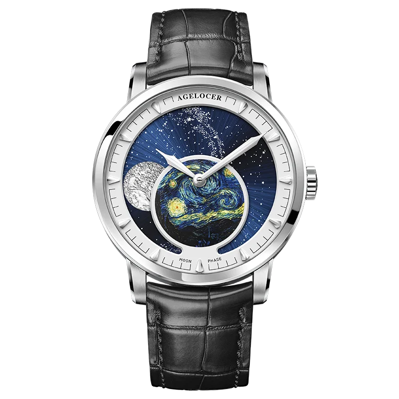 AGELOCER Original Astronomer Watch Van Gogh Oil Painting Men Luxury Automatic Mechanical Moon Phase Watch Birthday Gift for Men