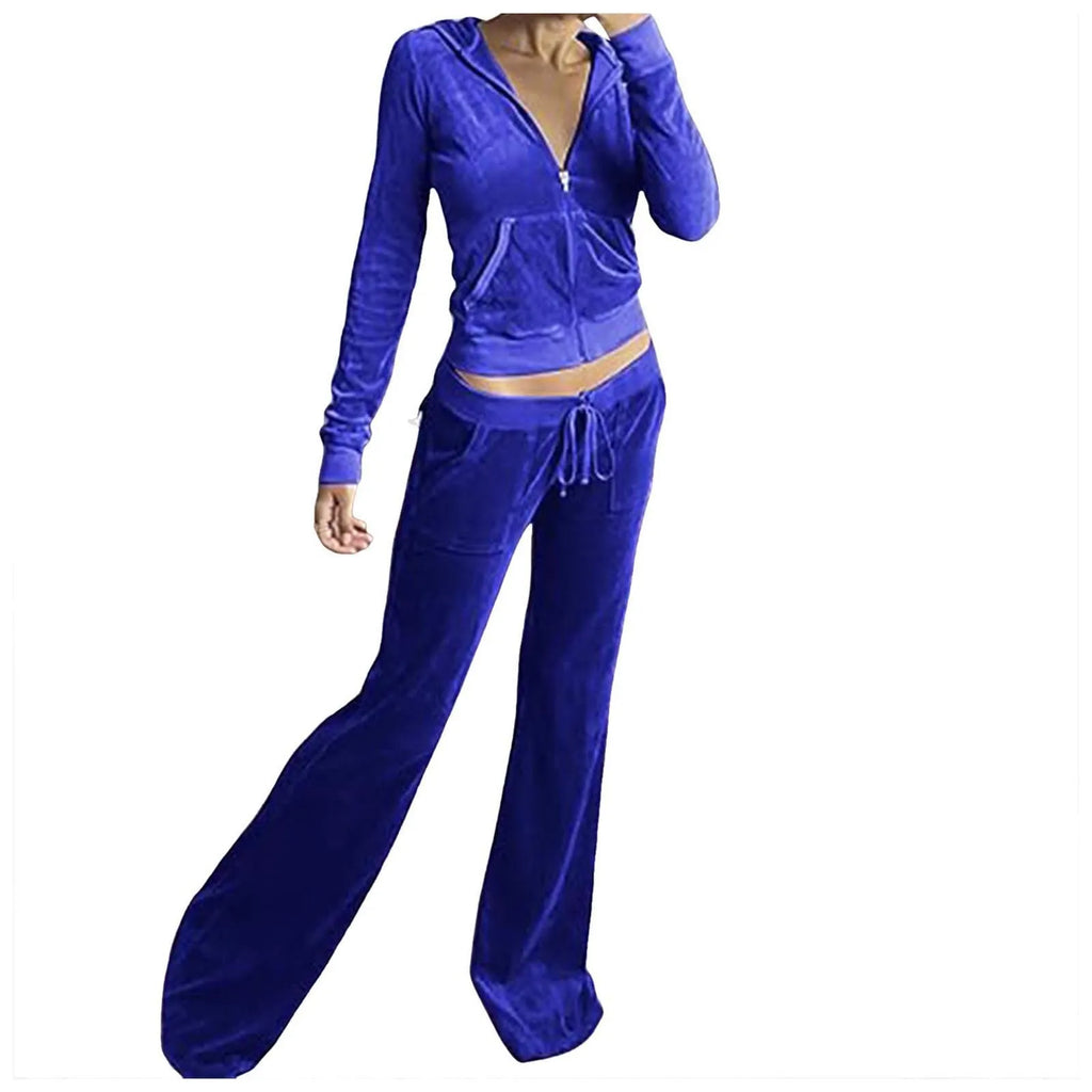 Women Velvet Jogging Suit Autumn Casual Velour Hoodie Cropped Top Jacket With Wide Leg Pants Tracksuits Women's Two Piece Set