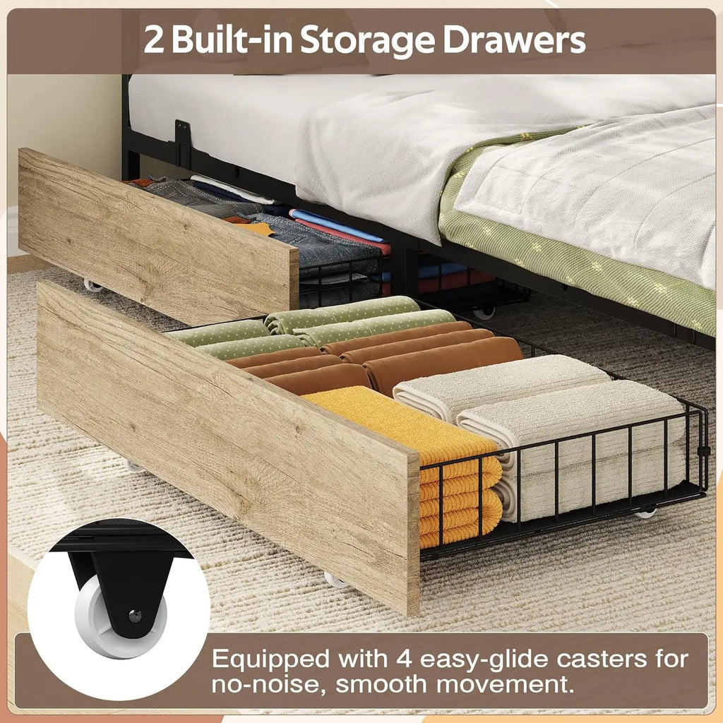 Corner Storage Bed Full with Desk Headboard 4 Drawers 6 Shelves LED USB Small Room Oak Gray, Customized