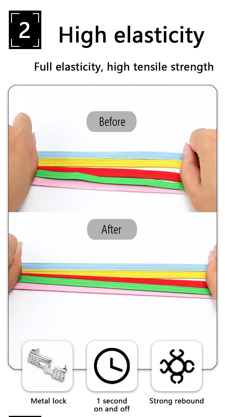 Fashion Elastic No Tie Shoelaces Rhinestone Cross Lock Tieless Shoelace Flat Shoe Laces Suitable for Sneakers and Athletic Shoes