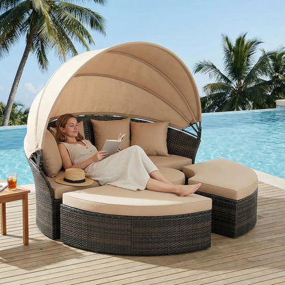 Outdoor Patio Daybed with Retractable Canopy, Wicker Rattan Sectional Round Sofa Furniture Set, 5 Pieces Seating Separates Cushi