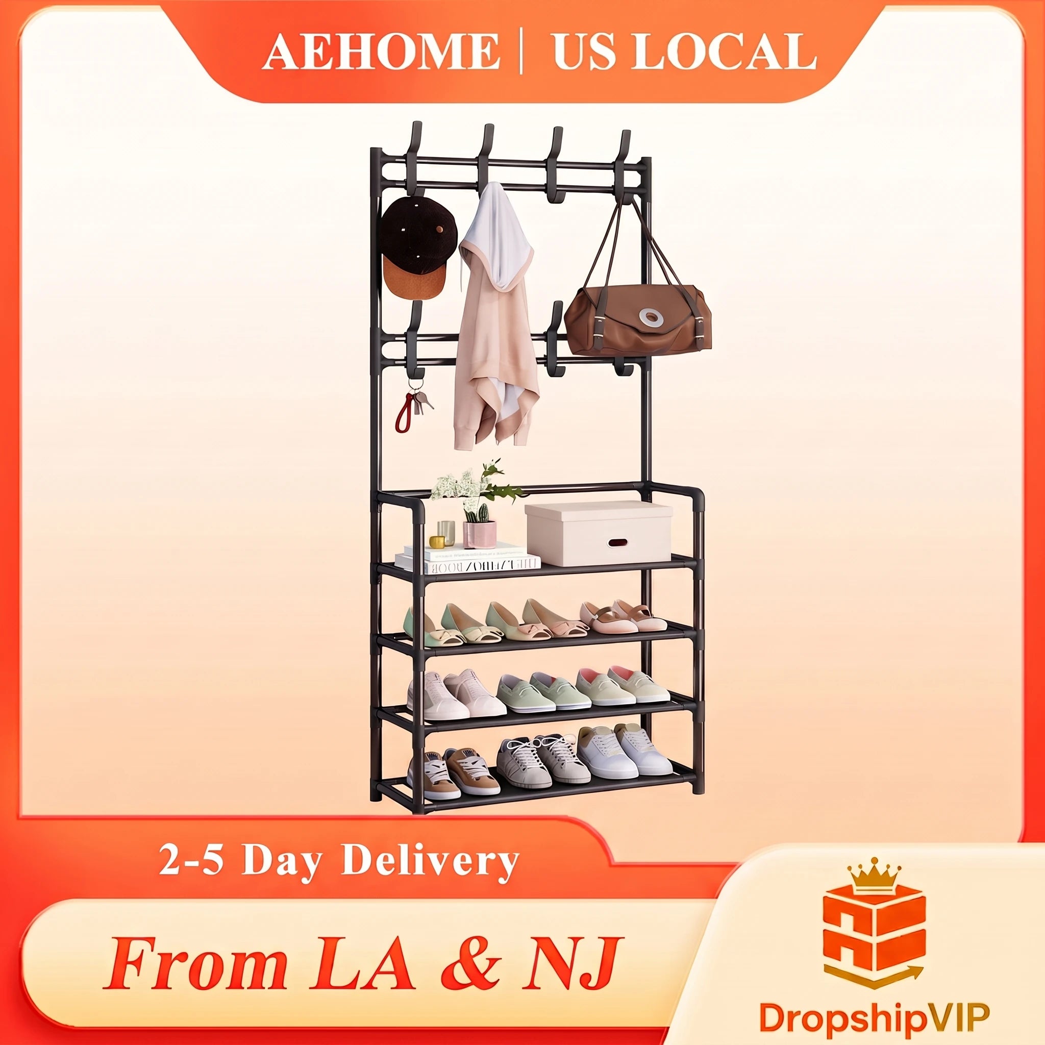 5-Tier 3-in-1 Multifunctional Metal Shoe & Hat Rack, Floor-Standing Garment Organizer for Entryway, Bedroom, Living Room, Sturdy Vertical Storage Shelf
