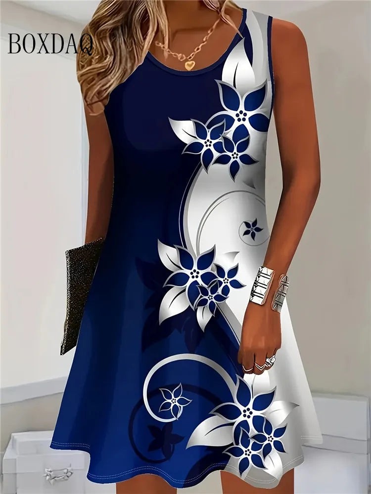 2025 Women Summer Sleeveless Bohemian Dress Fashion Imitate Cowboy Vest Flowers Print Dress Casual Tank Beach Dresses For Women