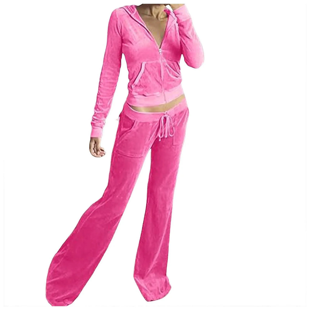 Women Velvet Jogging Suit Autumn Casual Velour Hoodie Cropped Top Jacket With Wide Leg Pants Tracksuits Women's Two Piece Set