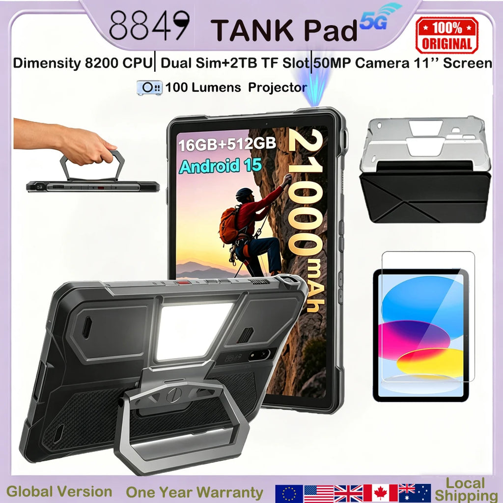 8849 TANK PAD Unihertz Rugged Tablet with Projector 100Lumens 5G Android 15 512GB 21000mAh 11 inch Waterproof Phone Tablet 2026