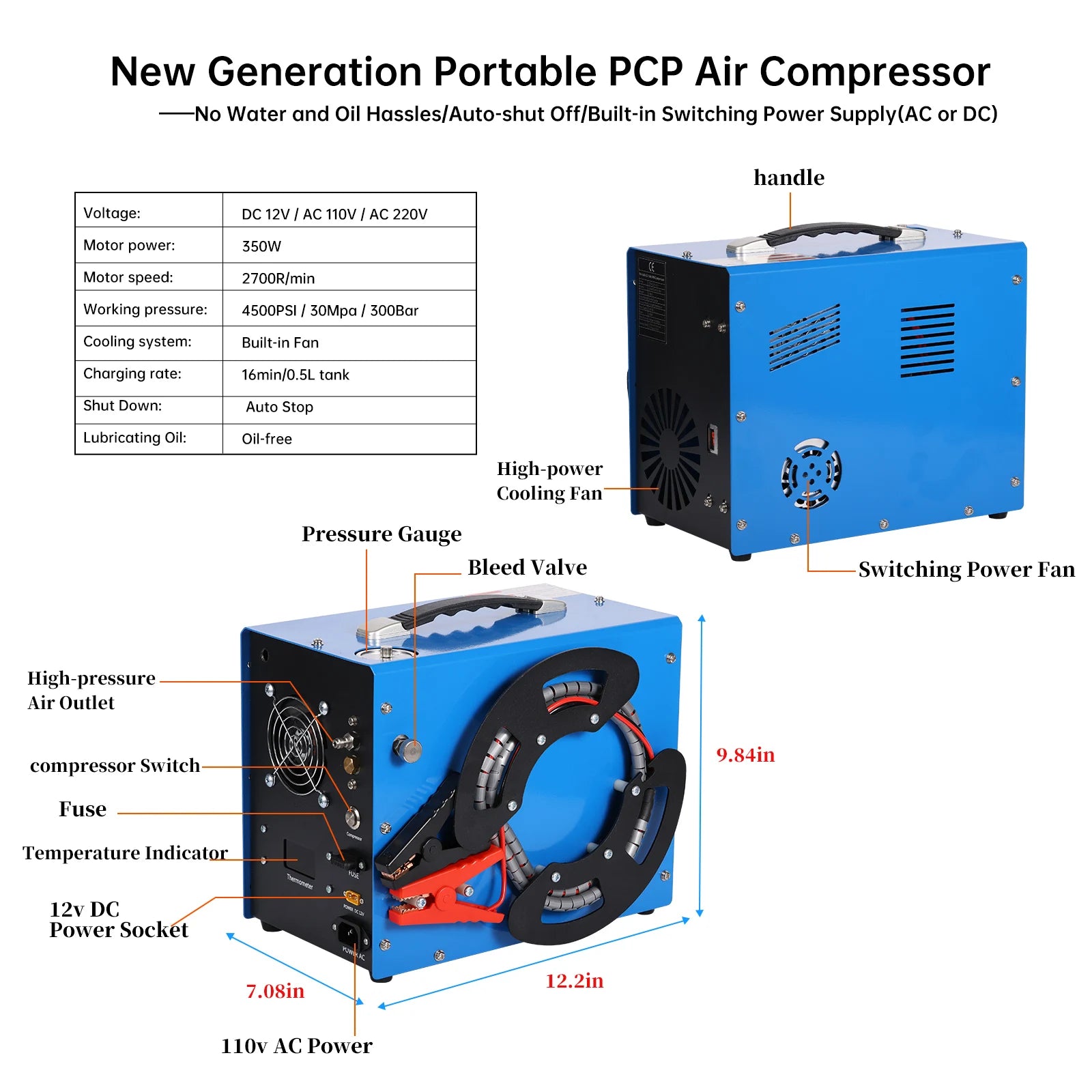 300bar 4500Psi/30Mpa PCP compressor pcp 12v  automatic stop, no oil/water,, 8MM, suitable for paintball/PCP, 220V AC or 12V 5.01