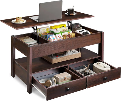 WLIVE Black Lift Top Coffee Table with 2 Drawers LED Light - Large Storage Open Shelf for Living Room Modern Home Furniture