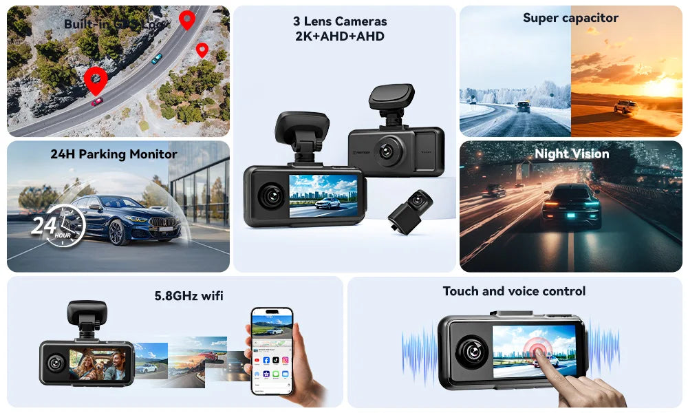 REDTIGER A6 3 Cameras Front/Cabin/Rear Cam 4K Dash Cam Built-in 5.8Ghz WiFi GPS Car DVR Night Vision Parking Monitor 3 Cameras