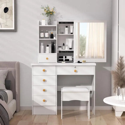 Makeup Vanities Vanity Desk with Sliding Mirror, Bedroom Dressing Table, Makeup Desk with 6 Drawers Bedroom Furniture
