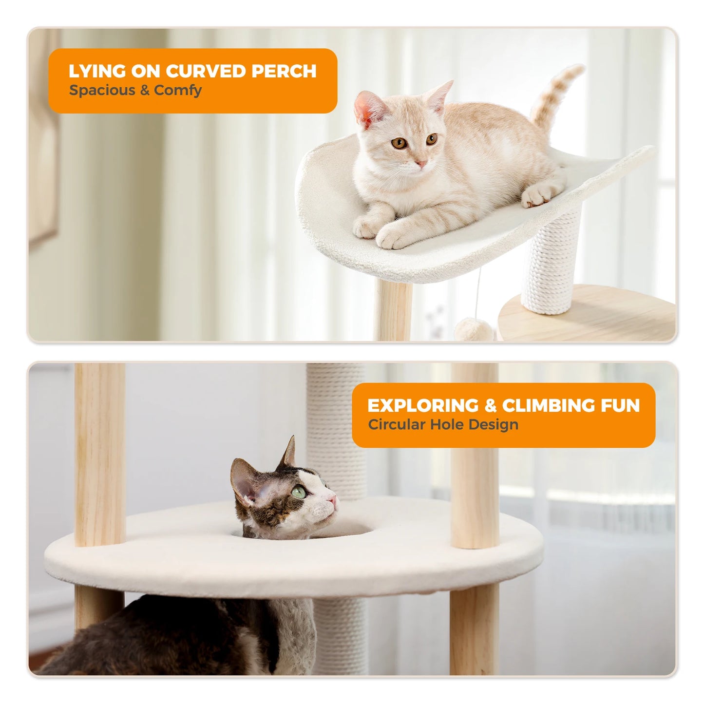 Modern Cat Tree Tower Furniture Wooden with Scratching Post Multi-level Jumping Platform with Condo and Comfortable Perch Beige