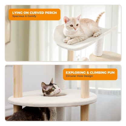 Modern Cat Tree Tower Furniture Wooden with Scratching Post Multi-level Jumping Platform with Condo and Comfortable Perch Beige