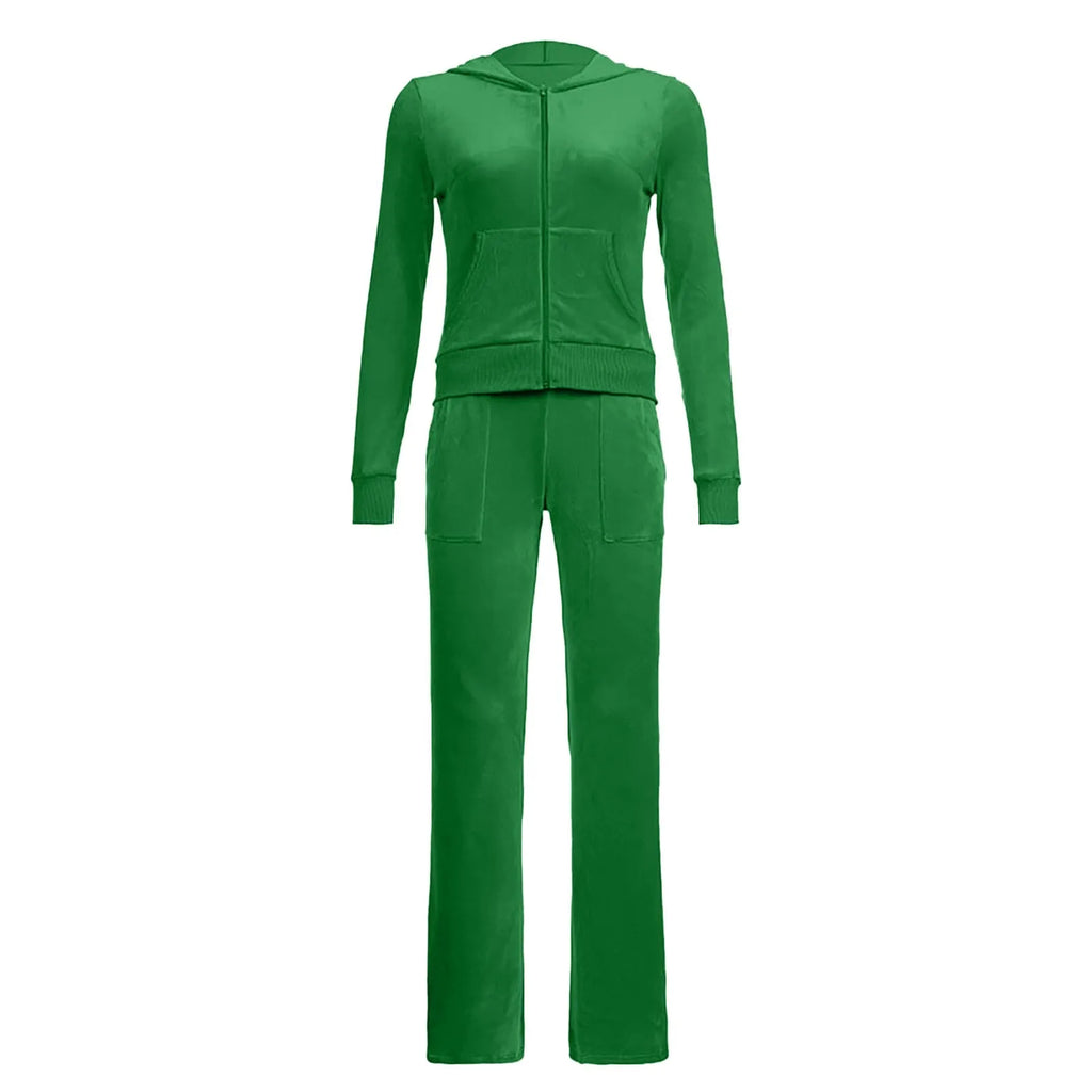 Women Velvet Jogging Suit Autumn Casual Velour Hoodie Cropped Top Jacket With Wide Leg Pants Tracksuits Women's Two Piece Set