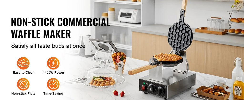 SucceBuy Commercial Egg Bubble Waffle Maker 1400W Non-Stick Stainless Steel Bubble Puff w/180° Rotatable 2 Pans & Wooden Handles