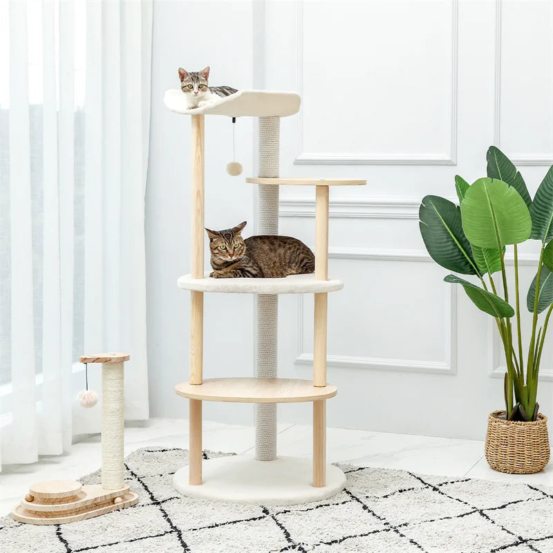 Modern Cat Tree Tower Furniture Wooden with Scratching Post Multi-level Jumping Platform with Condo and Comfortable Perch Beige
