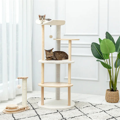 Modern Cat Tree Tower Furniture Wooden with Scratching Post Multi-level Jumping Platform with Condo and Comfortable Perch Beige