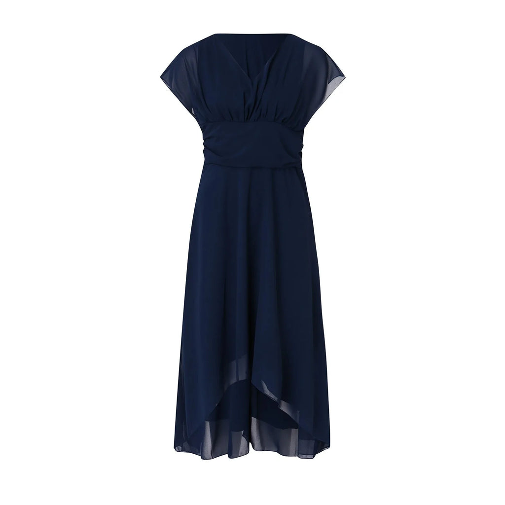 Elegant Women Chiffon Short Sleeve Long Dress V-Neck High Waist A-Line Evening Party Dress Tulle Cocktail Formal Dress Vestidos
