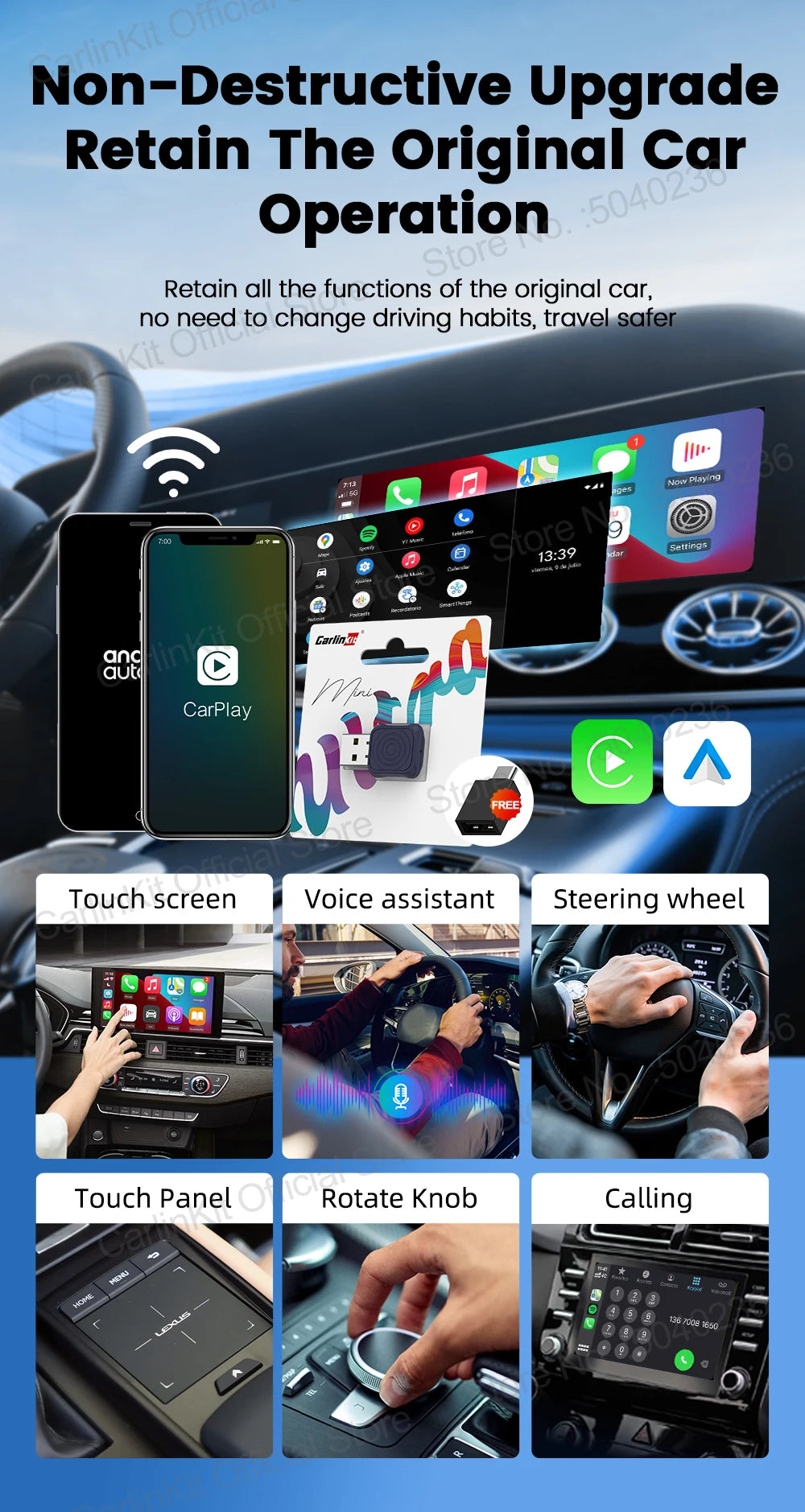 CarlinKit 5.0 Mini Ultra / Pro Wireless CarPlay & Android Auto Adapter For OEM Cars Upgrade WiFi BLE Wireless Auto-connect Phone