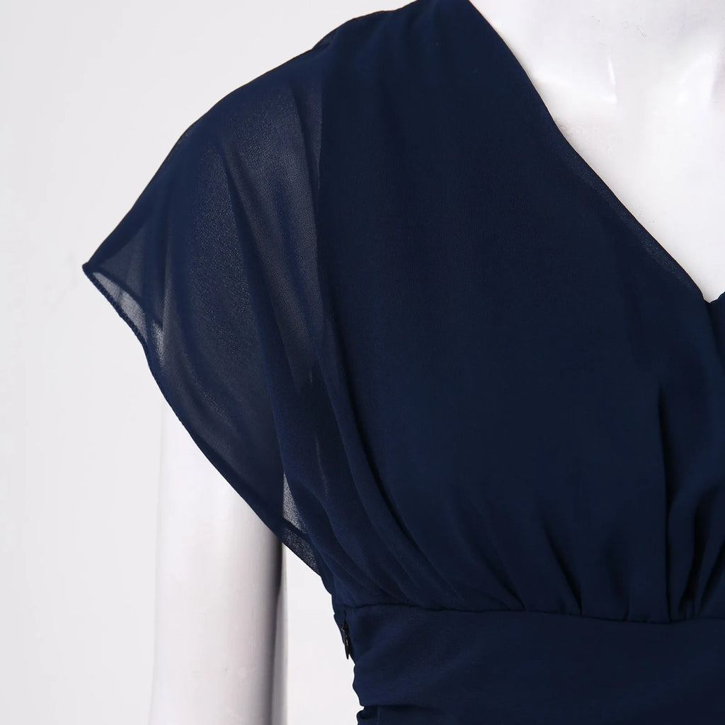 Elegant Women Chiffon Short Sleeve Long Dress V-Neck High Waist A-Line Evening Party Dress Tulle Cocktail Formal Dress Vestidos