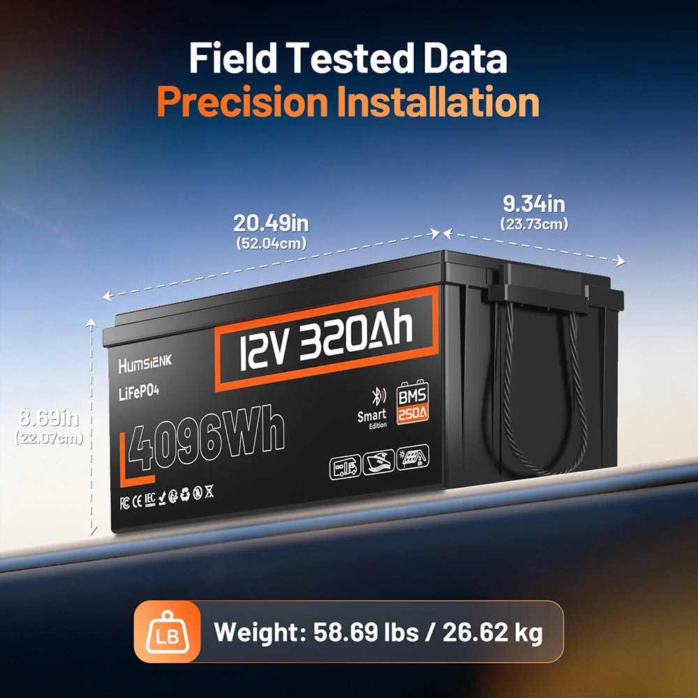 Humsienk 12V 320Ah Rechargeable Lithium Battery, Capacity 4096Wh, Built-in Bluetooth & 250A BMS, 15000+ Deep Cycle & 12V LiFePO4 Battery For RV, Van, Golf Cart, Boat, Camper, Marine, Trolling Motor, Off-Grid, Solar Energy Sto
