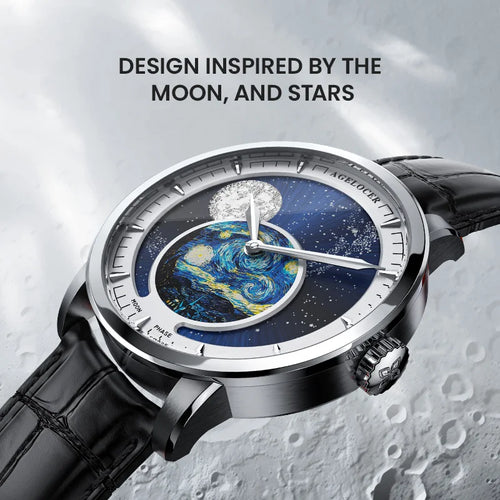 AGELOCER Original Astronomer Watch Van Gogh Oil Painting Men Luxury Automatic Mechanical Moon Phase Watch Birthday Gift for Men
