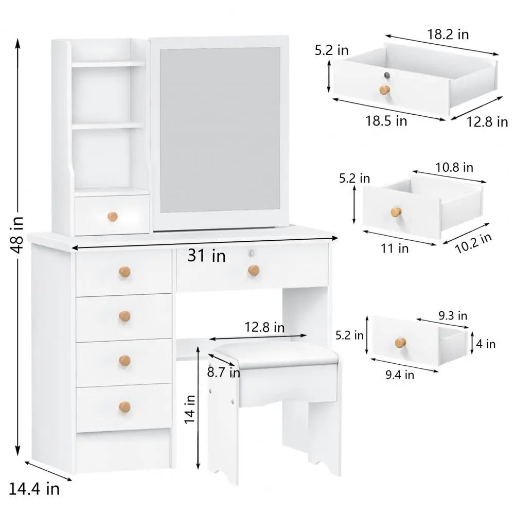 Makeup Vanities Vanity Desk with Sliding Mirror, Bedroom Dressing Table, Makeup Desk with 6 Drawers Bedroom Furniture