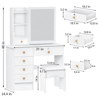 Makeup Vanities Vanity Desk with Sliding Mirror, Bedroom Dressing Table, Makeup Desk with 6 Drawers Bedroom Furniture