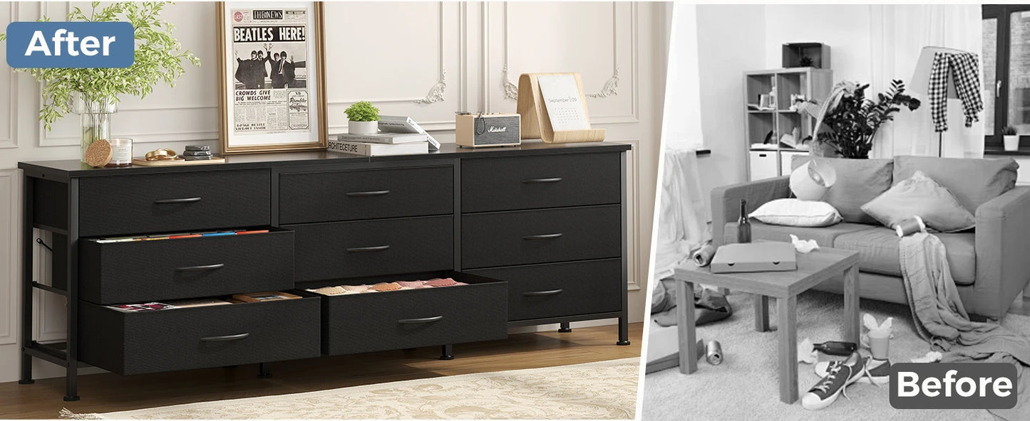 JHK Cabinet For Living Room With 9 Fabric Drawers Long Entertainment Center Up to 75 Inch TV Storage Display Of Furniture