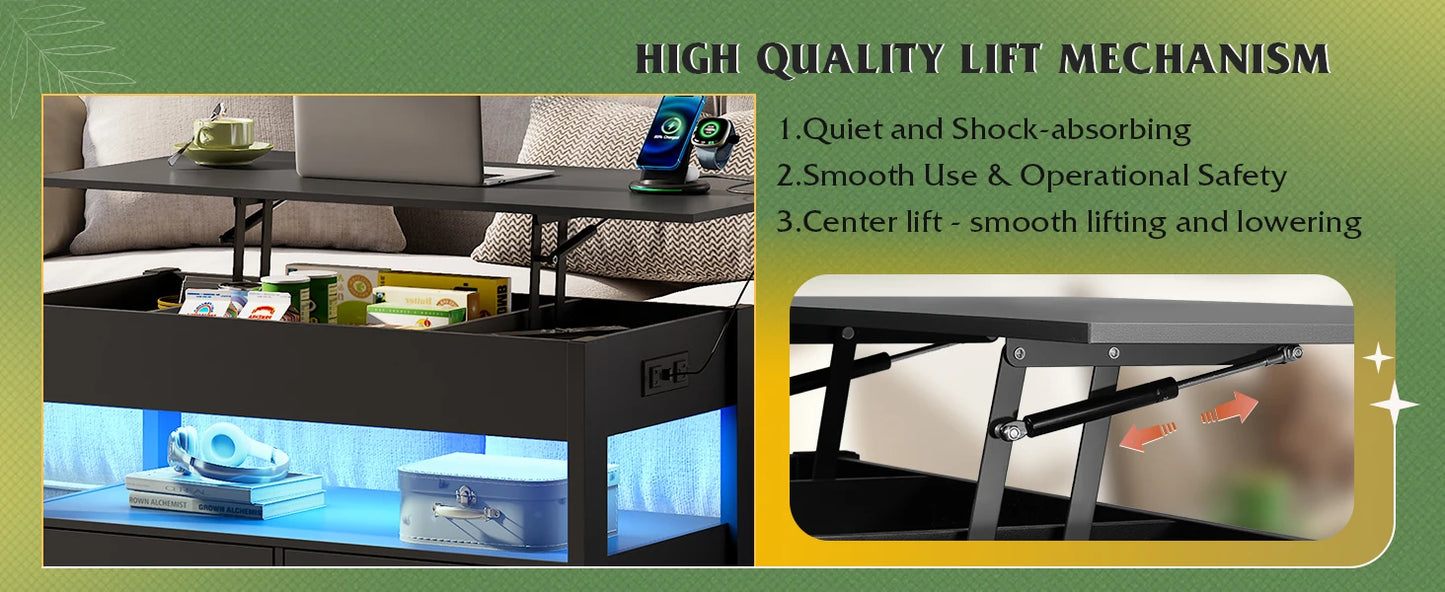 WLIVE Black Lift Top Coffee Table with 2 Drawers LED Light - Large Storage Open Shelf for Living Room Modern Home Furniture