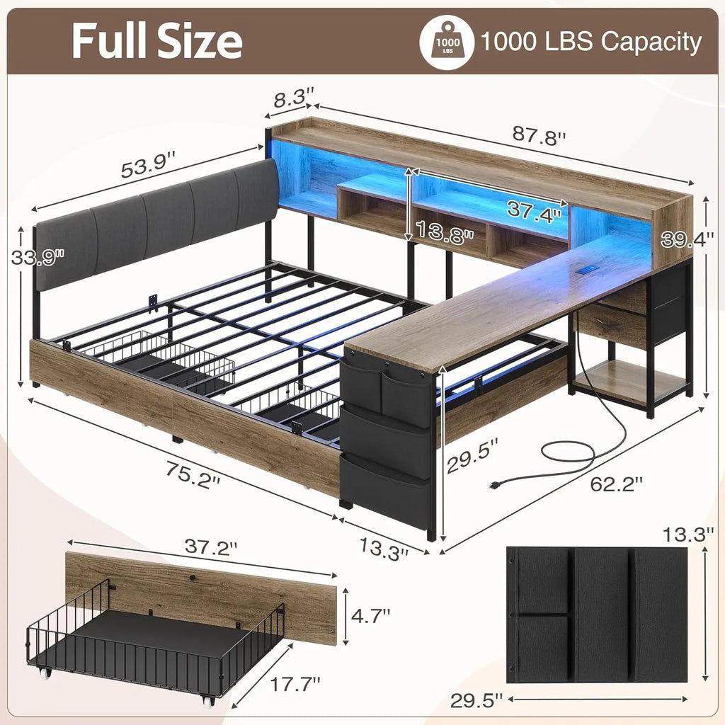 Corner Storage Bed Full with Desk Headboard 4 Drawers 6 Shelves LED USB Small Room Oak Gray, Customized