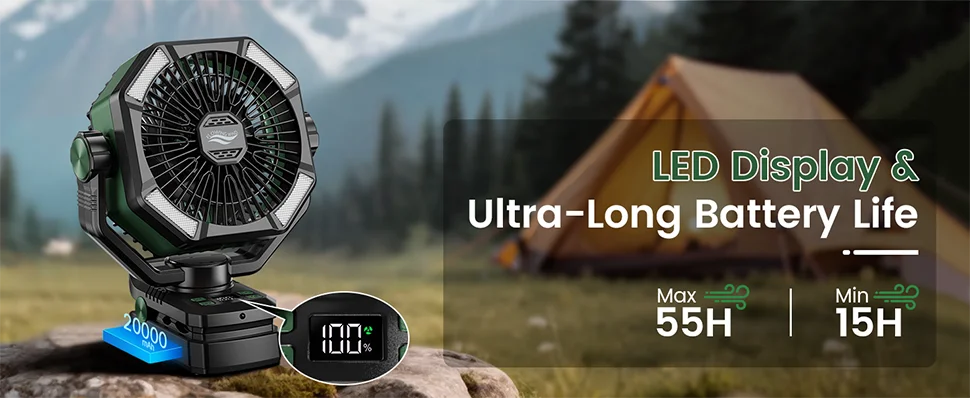 SKYTOO Camping Fan with Dual Motor 20000mAh RechargeableClip Fan with Digital Display with LED Lantern for Camping Outdoor Fan