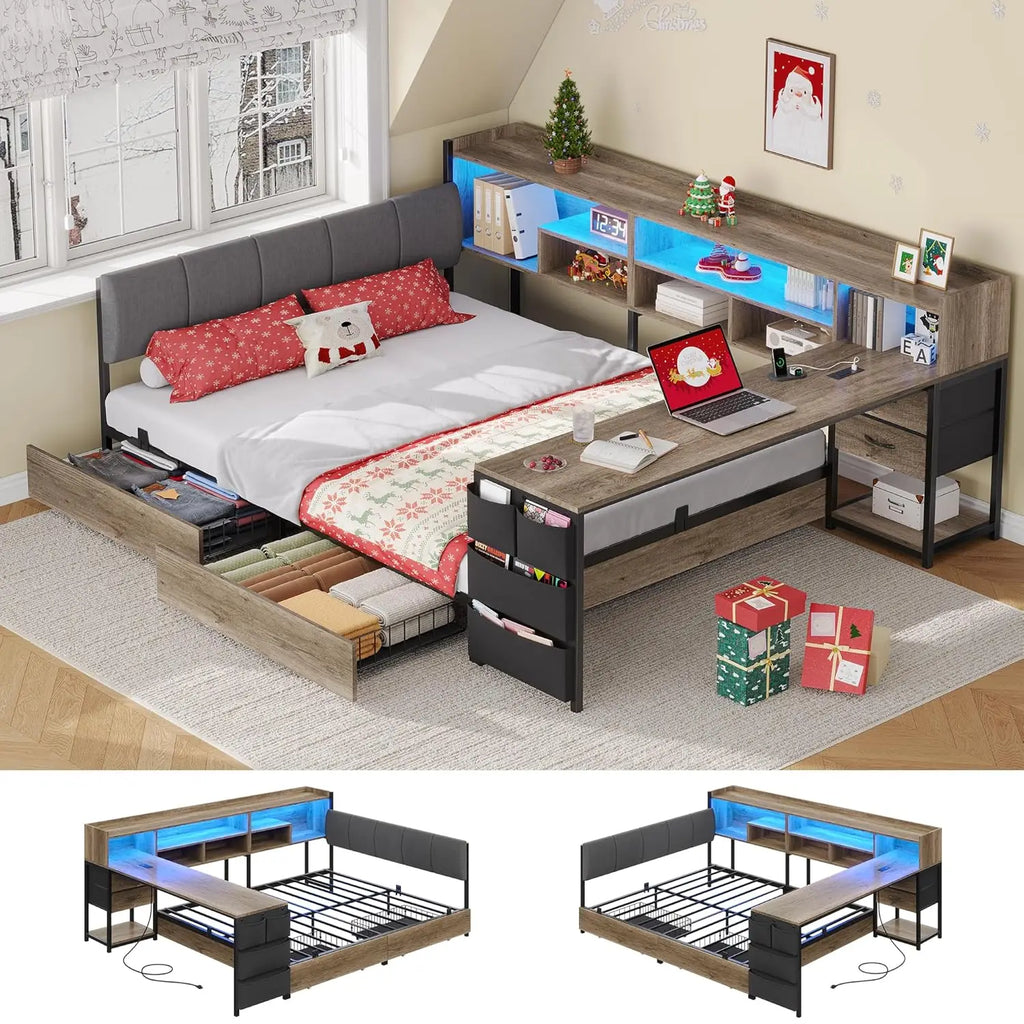 Corner Storage Bed Full with Desk Headboard 4 Drawers 6 Shelves LED USB Small Room Oak Gray, Customized