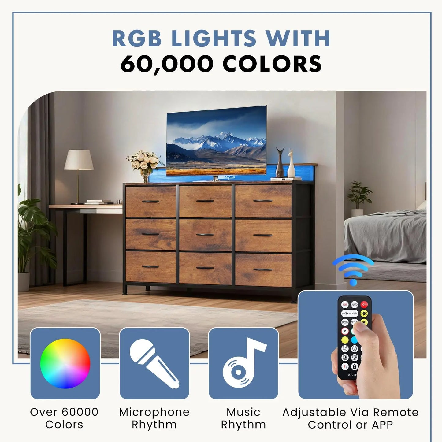 JHK TV Stand Dresser with 9 Fabric Drawers Wood Top Media Console for 32-52 inch TV Stand with Storage Display Of Furniture