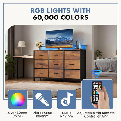 JHK TV Stand Dresser with 9 Fabric Drawers Wood Top Media Console for 32-52 inch TV Stand with Storage Display Of Furniture