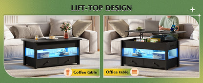 WLIVE Black Lift Top Coffee Table with 2 Drawers LED Light - Large Storage Open Shelf for Living Room Modern Home Furniture