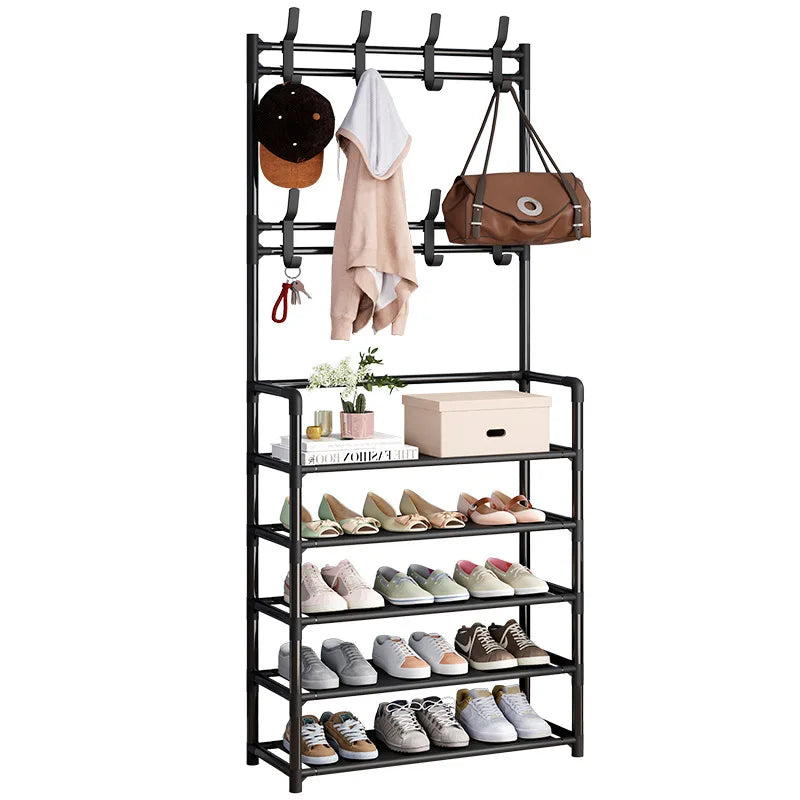 5-Tier 3-in-1 Multifunctional Metal Shoe & Hat Rack, Floor-Standing Garment Organizer for Entryway, Bedroom, Living Room, Sturdy Vertical Storage Shelf
