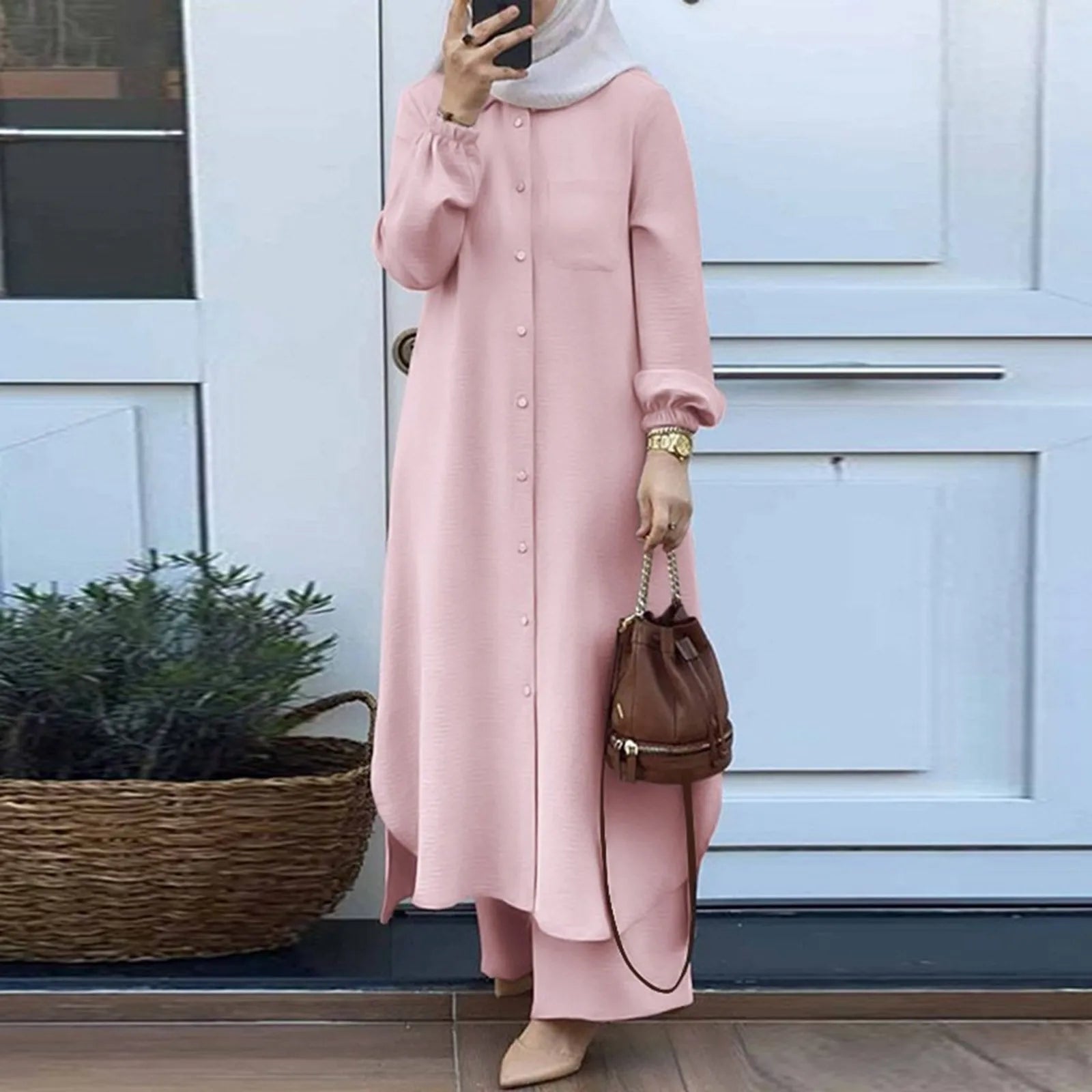 Muslim Sets Turkey Dubai Abaya Women Long Sleeve Buttons Up Shirt Set Causal Pants Suits Abayas For Women IsIamic Outifits