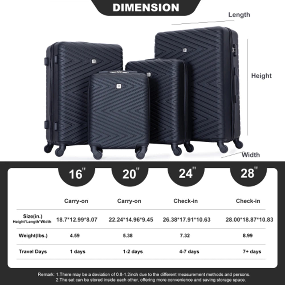 Travelhouse Luggage Set 4-Piece ABS Suitcase With Spinner Wheels, 24 Inch and 28 Inch with TSA Lock, 16, 20 Inch Carry On Luggage