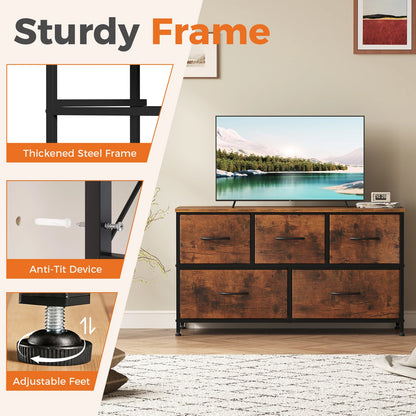 MCQ 5 Drawer Dresser for Bedroom Closet Chest Organizer Furniture TV Stand for Living Room Hallway Wide Fabric Storage Tower with Wooden Top and Metal Frame