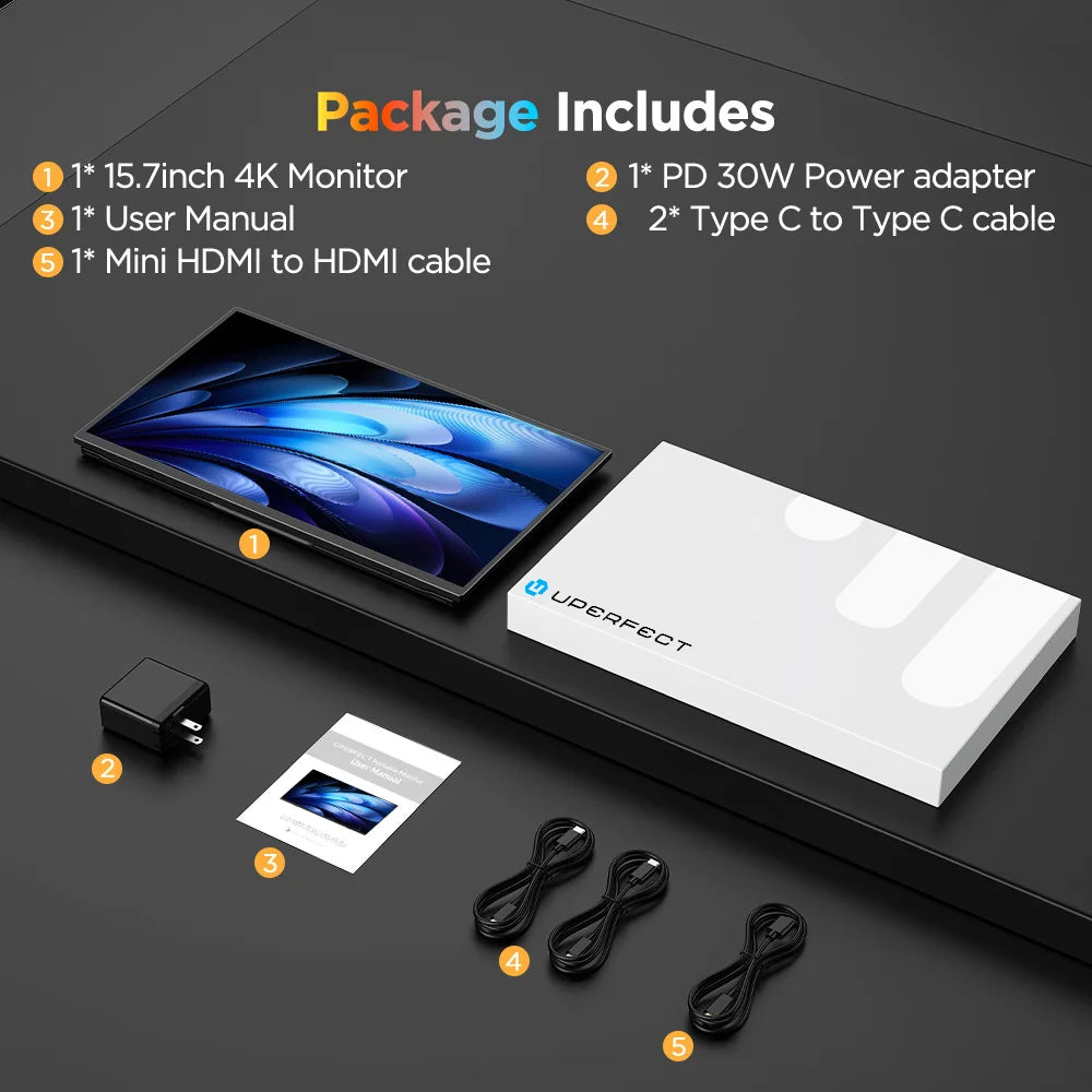 UPERFECT 4K Portable Touchscreen Monitor 15.7" IPS HDR HDMI USB-C3.1 Travel Display For Laptop MacBook PC Surface PS5 XBOX Phone