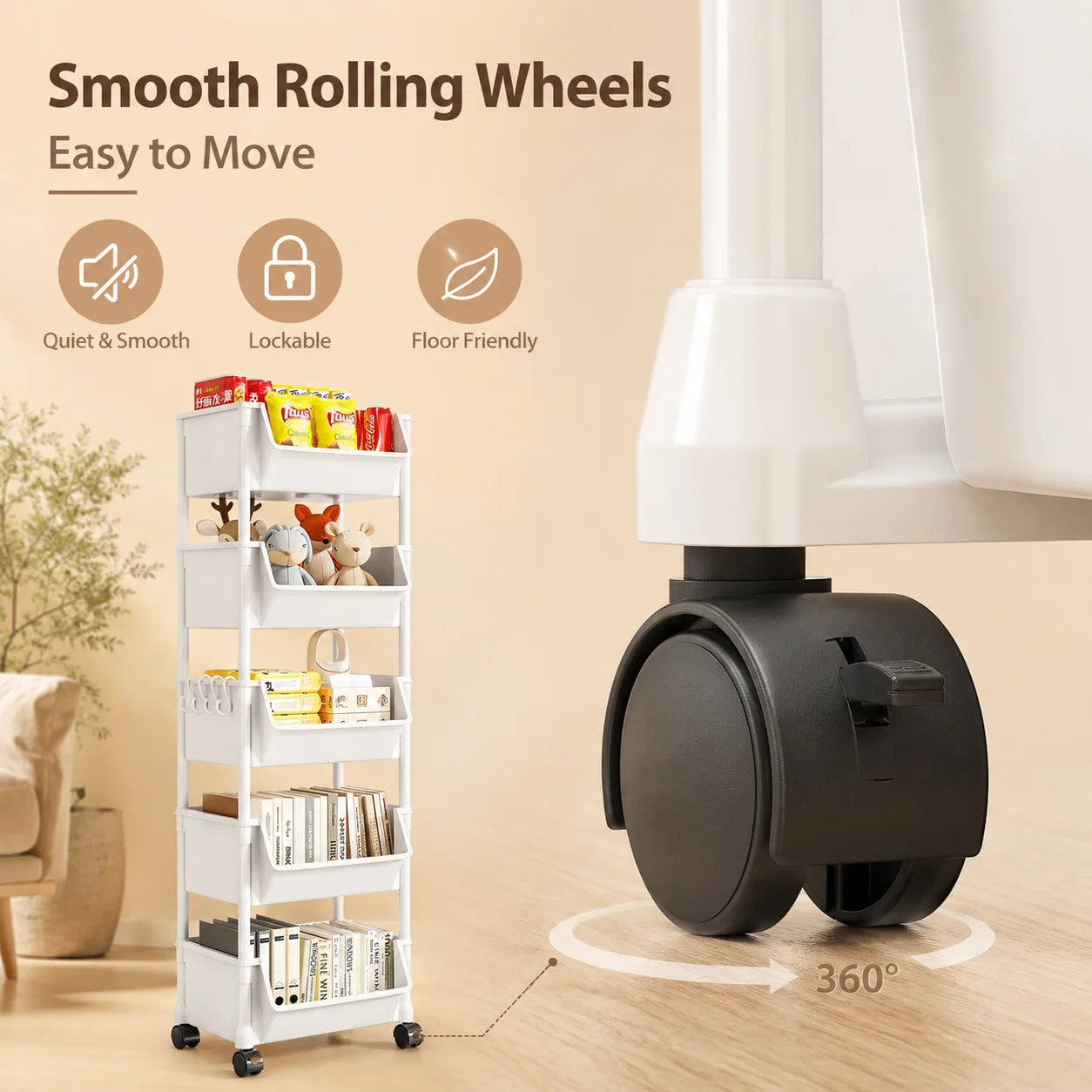 Household Living Room, Bedroom, Kitchen Small Trolley Storage Rack, Snack Floor-Standing Multi-Layer Mobile Storage Bookshelf