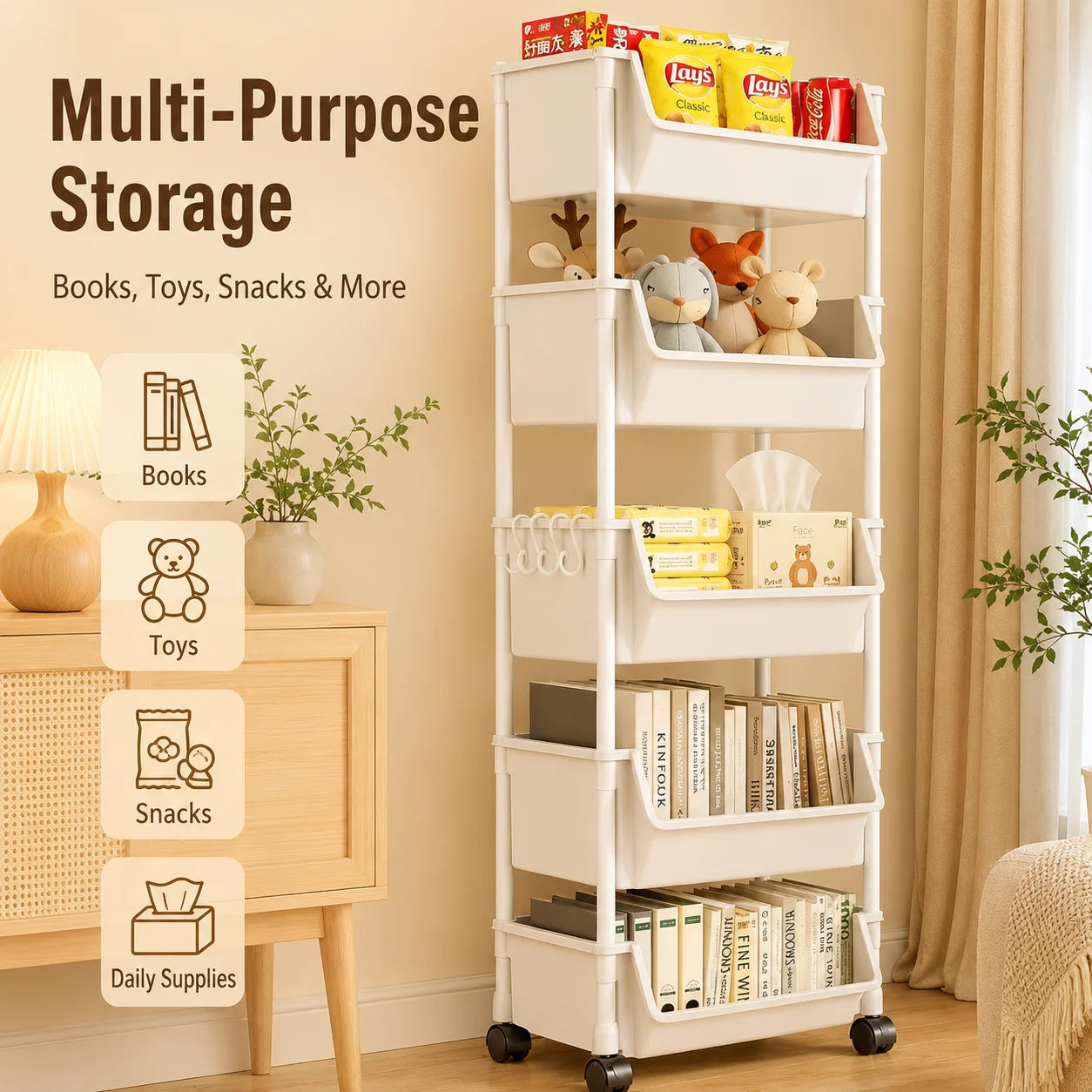 Household Living Room, Bedroom, Kitchen Small Trolley Storage Rack, Snack Floor-Standing Multi-Layer Mobile Storage Bookshelf