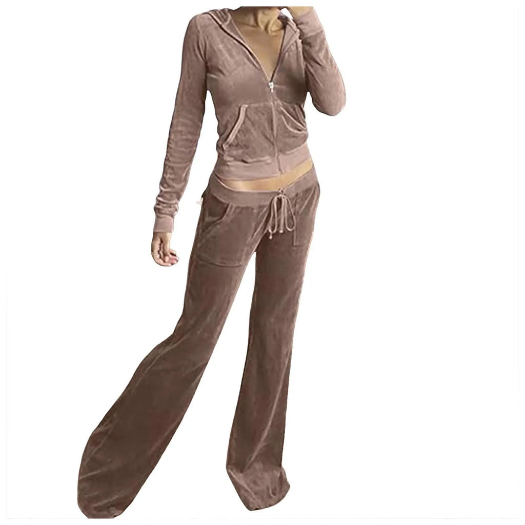 Women Velvet Jogging Suit Autumn Casual Velour Hoodie Cropped Top Jacket With Wide Leg Pants Tracksuits Women's Two Piece Set