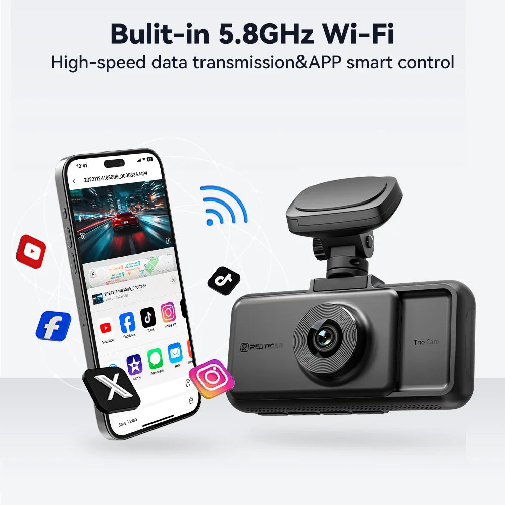 REDTIGER A6 3 Cameras Front/Cabin/Rear Cam 4K Dash Cam Built-in 5.8Ghz WiFi GPS Car DVR Night Vision Parking Monitor 3 Cameras