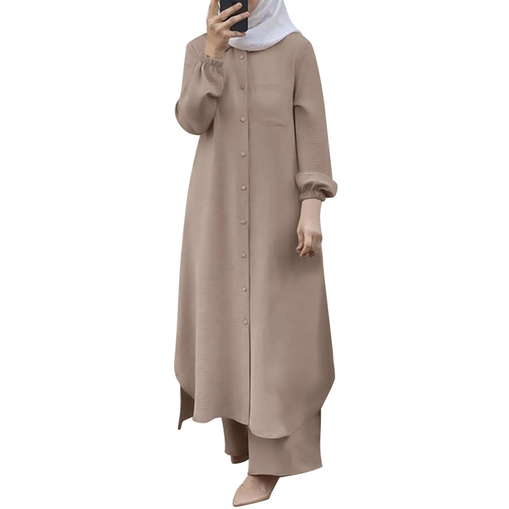 Muslim Sets Turkey Dubai Abaya Women Long Sleeve Buttons Up Shirt Set Causal Pants Suits Abayas For Women IsIamic Outifits