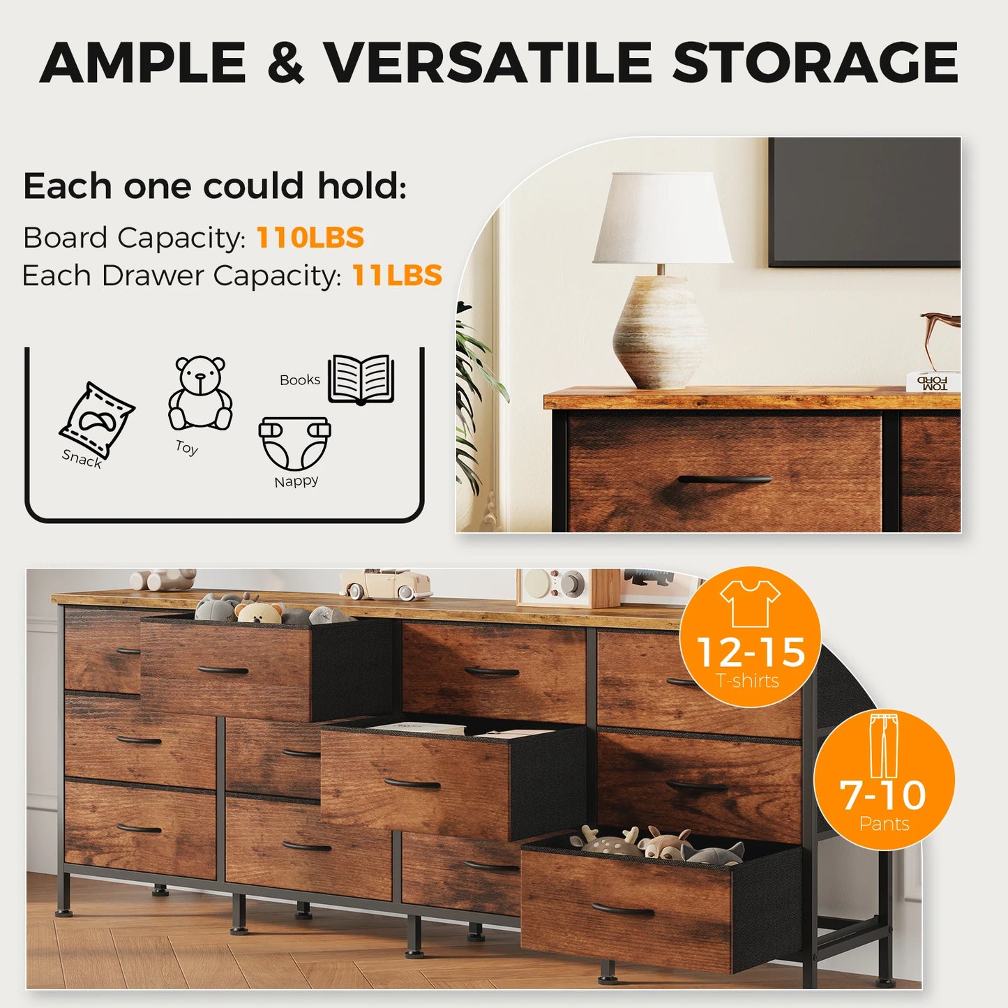 JHK 12  Fabric Cabinet For Living Room Drawers Beside Nightstand Tables Wood Top Entertainment Center Large Fabric TV Consoles for Bedroom Up to 80'' TVs Storage Closet Chest Clothes Display Of Furniture