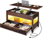 WLIVE Black Lift Top Coffee Table with 2 Drawers LED Light - Large Storage Open Shelf for Living Room Modern Home Furniture