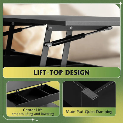 WLIVE Black Lift Top Coffee Table with 2 Drawers LED Light - Large Storage Open Shelf for Living Room Modern Home Furniture