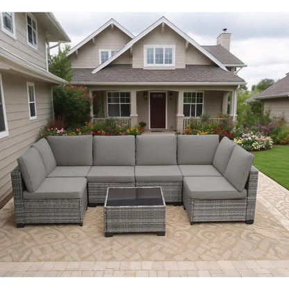 7 Pieces Outdoor Patio Furniture Set, All-Weather Sectional Sofa PE Rattan Wicker with Glass Table & Washable Cushions, Custom